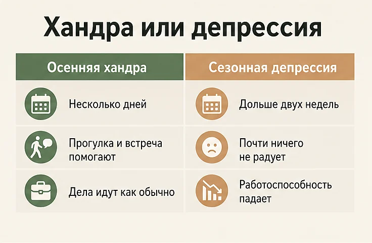 Осенняя хандра или сезонная депрессия: хандра длится несколько дней и отступает после прогулки, сезонная депрессия держится дольше двух недель и снижает работоспособность