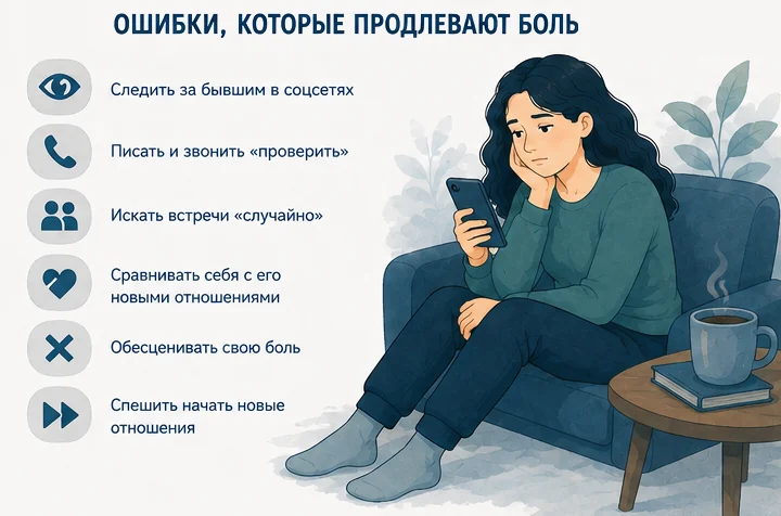 Ошибки после расставания: следить за бывшим в соцсетях, писать и звонить, искать встречи, сравнивать себя, обесценивать боль, спешить в новые отношения