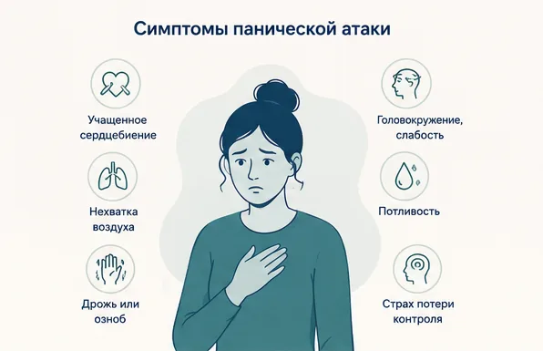 Симптомы панической атаки: сердцебиение, нехватка воздуха, головокружение, потливость, дрожь, страх