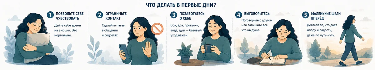 Что делать в первые дни после расставания: позволить себе чувствовать, ограничить контакт, позаботиться о себе, выговориться, маленькие шаги вперёд