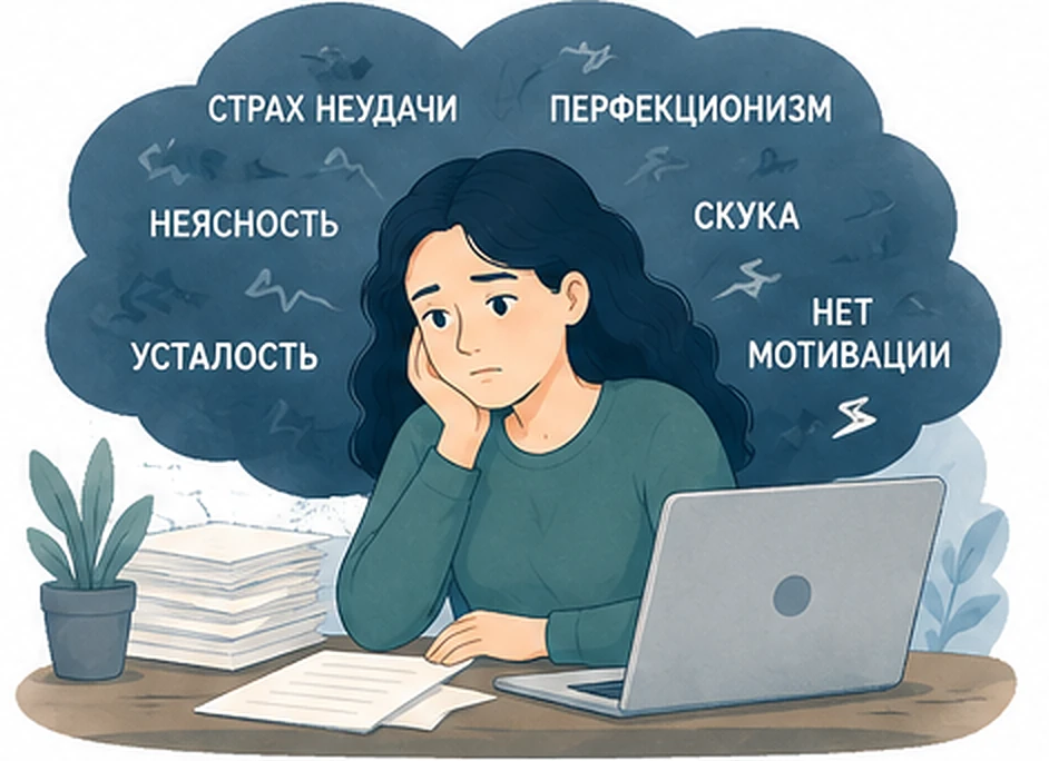 Причины прокрастинации: страх неудачи, перфекционизм, неясность задачи, скука, усталость, нет мотивации