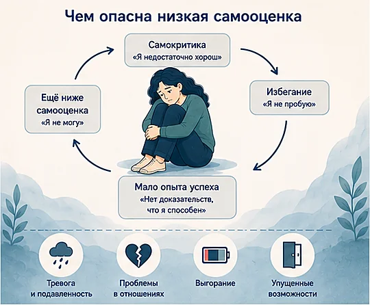 Замкнутый круг низкой самооценки: самокритика, избегание, мало опыта успеха, ещё ниже самооценка