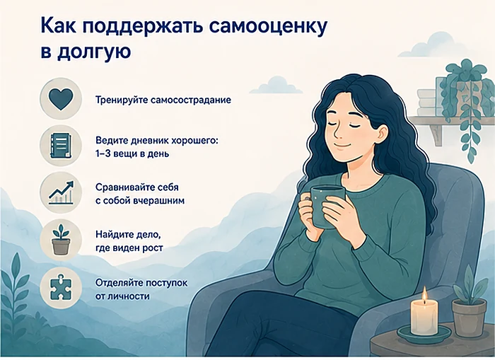 Как поддержать самооценку в долгую: самосострадание, дневник хорошего, любимое дело, где виден рост