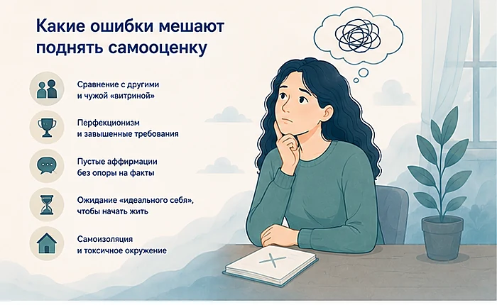 Ошибки, которые мешают повысить самооценку: сравнение с другими, перфекционизм, пустые аффирмации, самоизоляция