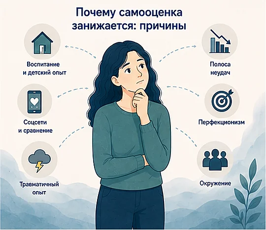 Причины низкой самооценки: воспитание и детский опыт, сравнение и соцсети, полоса неудач, перфекционизм, окружение