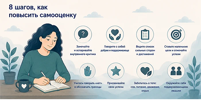 8 шагов, как повысить самооценку: оспаривать критика, список сильных сторон, маленькие цели, границы, забота о себе