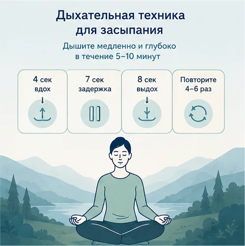 Дыхательная техника 4-7-8 для засыпания: вдох 4, задержка 7, выдох 8