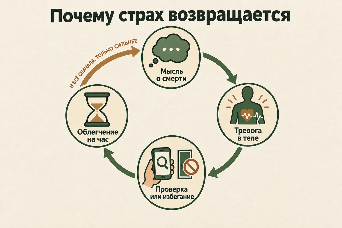 Круг страха смерти: мысль о смерти, тревога и сердцебиение, проверка или избегание, короткое облегчение и возвращение страха с новой силой