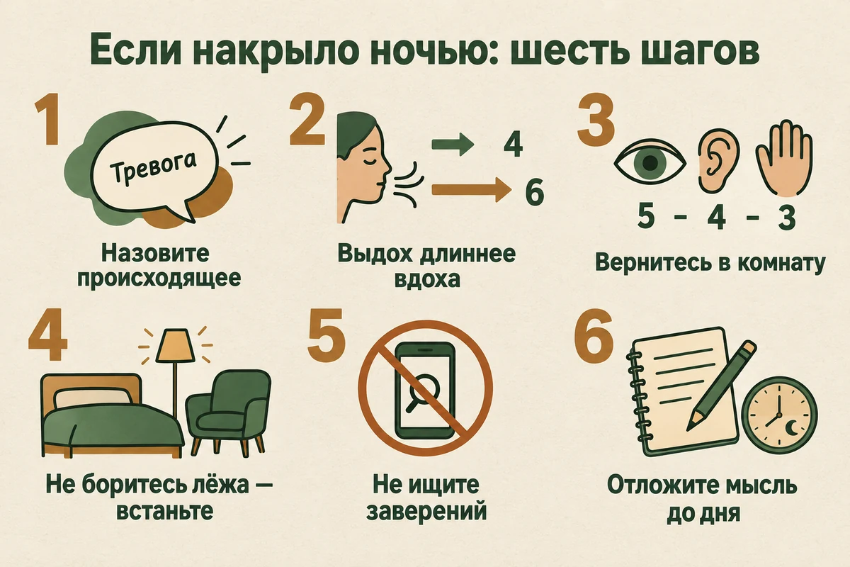 Что делать, если страх смерти накрыл ночью: назвать происходящее, сделать выдох длиннее вдоха, вернуться к ощущениям, не бороться со страхом лёжа, не искать заверений, отложить мысль до дня