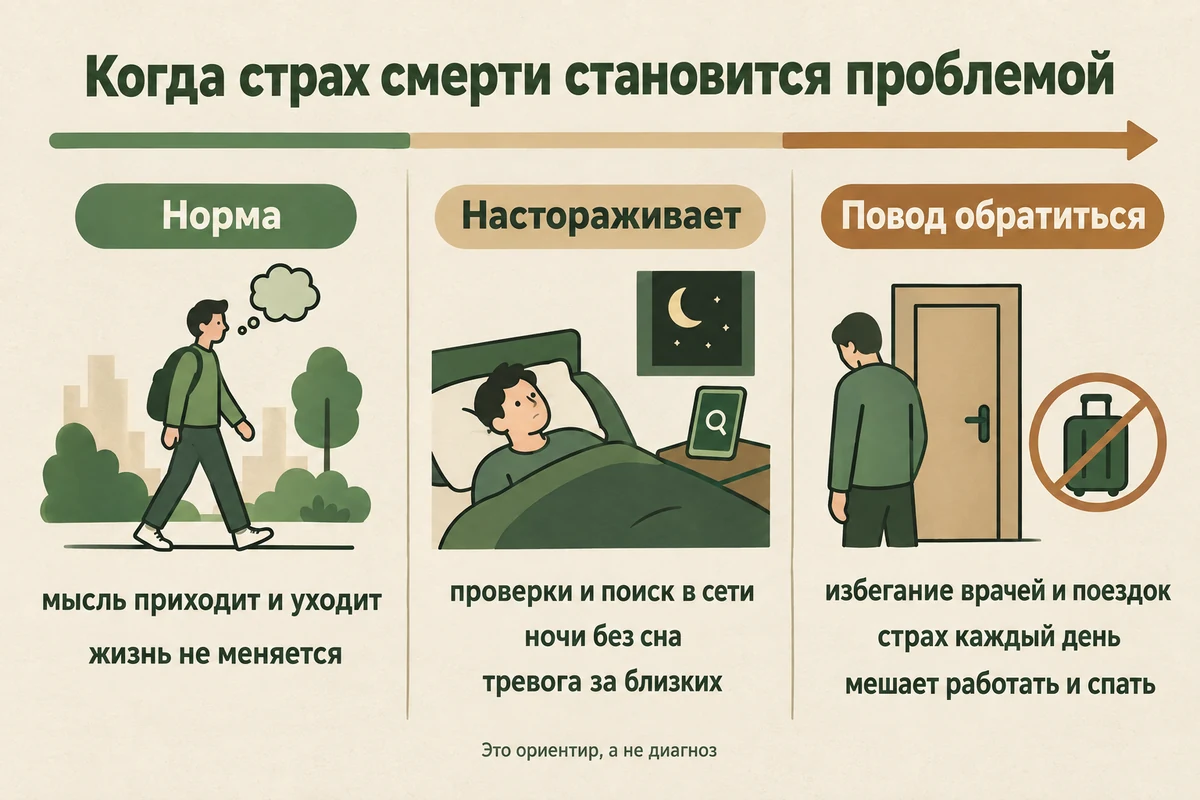 Три зоны страха смерти: норма — мысль приходит и уходит; настораживает — появились проверки и бессонные ночи; повод обратиться — избегание врачей и поездок, страх занимает каждый день