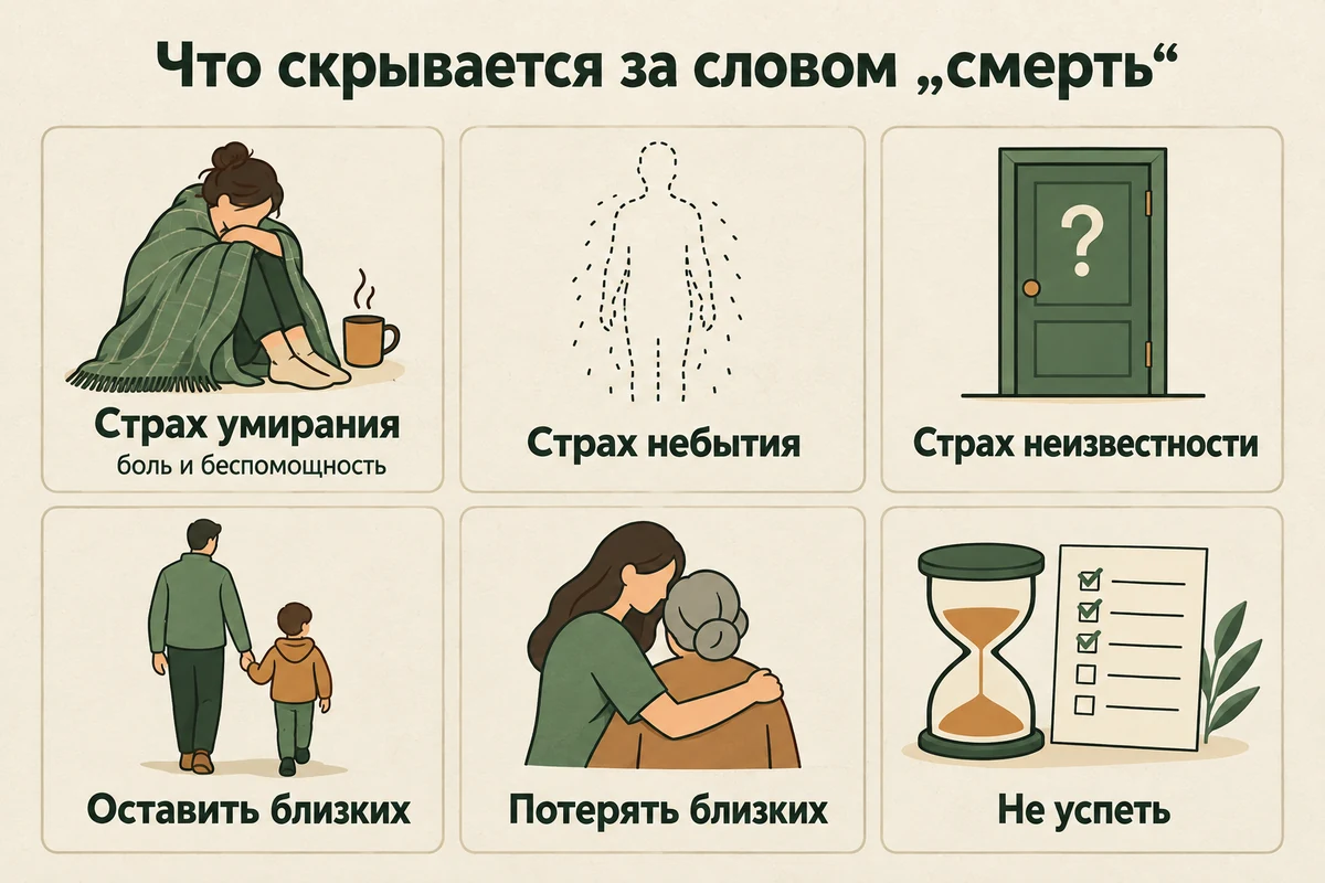 Из чего состоит страх смерти: страх умирания, небытия, неизвестности, страх оставить близких, потерять их и не успеть прожить жизнь