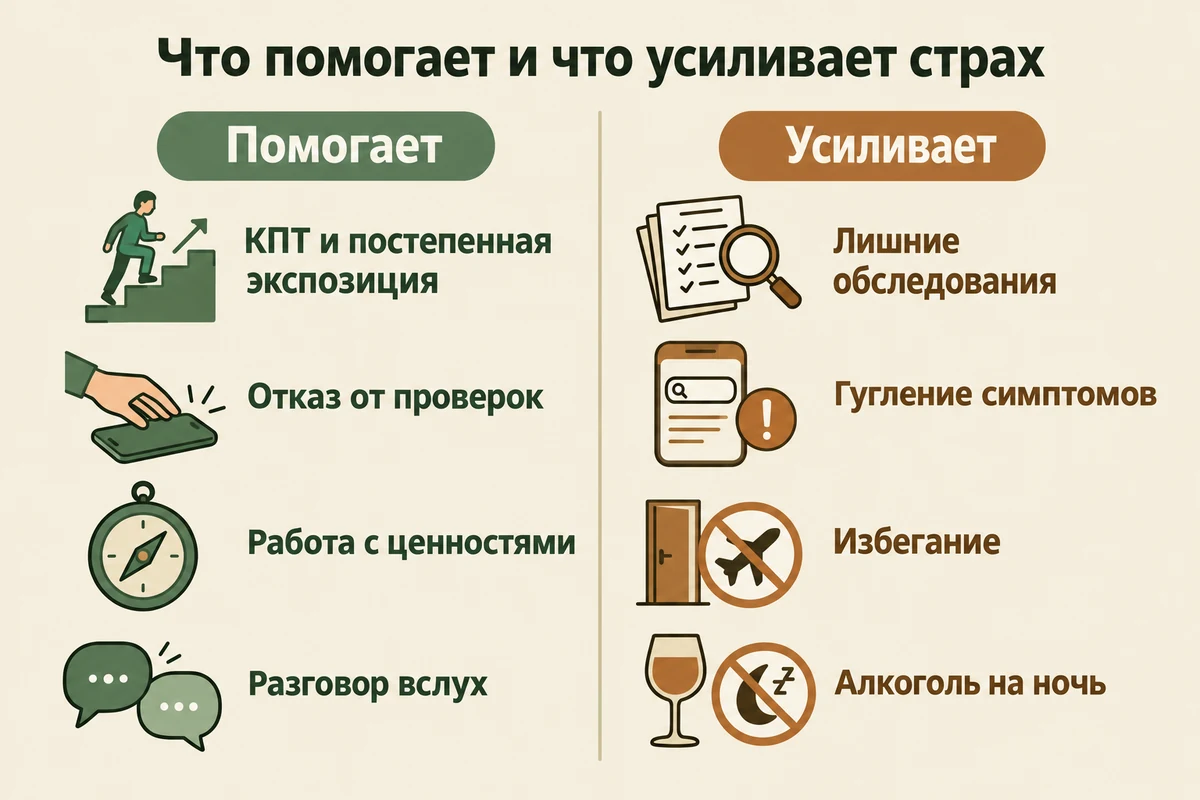 Что помогает при страхе смерти: КПТ и постепенная экспозиция, работа с ценностями, лечение сопутствующей тревоги — и что усиливает страх: проверки, гугление симптомов, избегание, алкоголь