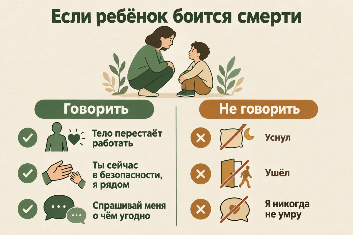 Как говорить с ребёнком о смерти: простыми словами про тело, честно про безопасность сейчас — и чего не говорить: «уснул», «ушёл», «я никогда не умру»
