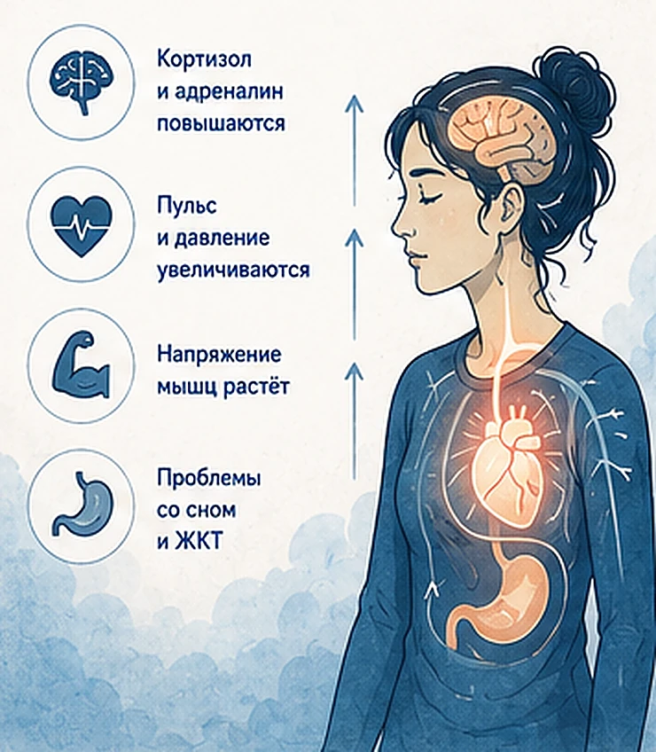 Что происходит в организме при стрессе: рост кортизола, пульса, напряжения мышц, проблемы со сном и ЖКТ
