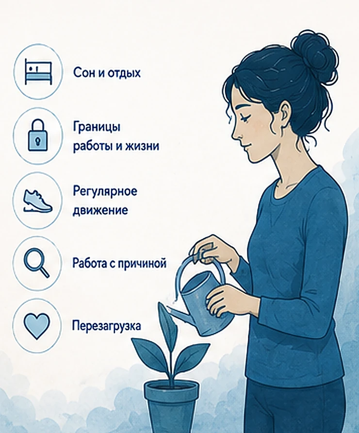 Как снизить стресс в долгую: сон и отдых, границы работы и жизни, движение, работа с причиной, перезагрузка