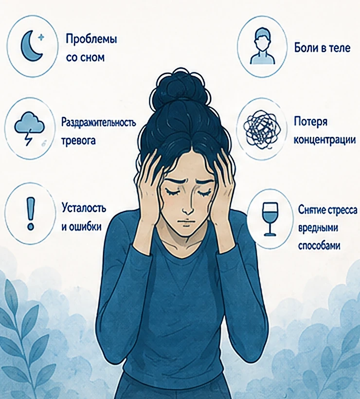 Признаки стресса на работе: проблемы со сном, тревога, боли в теле, потеря концентрации