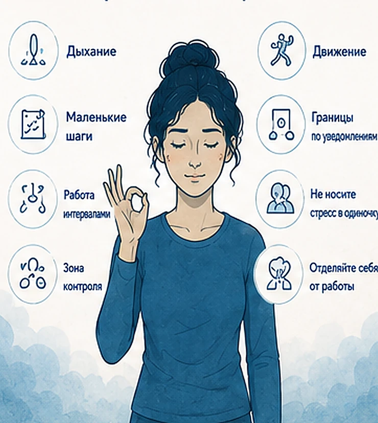 8 способов справиться со стрессом на работе: дыхание, маленькие шаги, интервалы, границы, движение