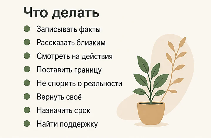 Что делать в токсичных отношениях: записывать факты, рассказать близким, смотреть на действия, поставить границу, назначить срок, найти поддержку