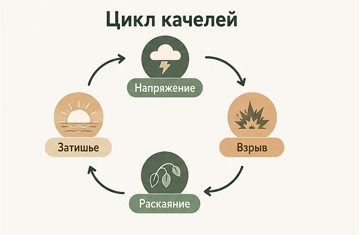 Цикл качелей в токсичных отношениях: напряжение, взрыв, раскаяние, затишье — и снова по кругу