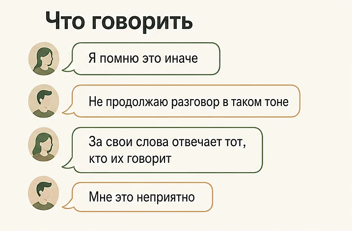 Фразы для разговора в токсичных отношениях: «Я помню это иначе», «Не продолжаю разговор в таком тоне», «Мне это неприятно»