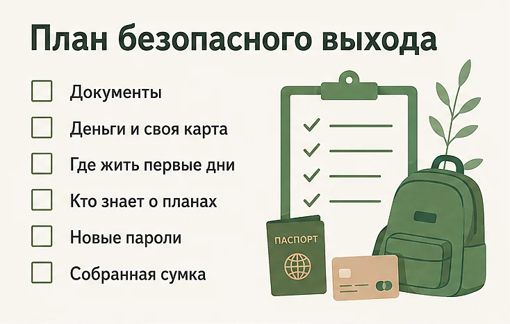 План безопасного выхода из токсичных отношений: документы, деньги и своя карта, где жить первые дни, кто знает о планах, новые пароли, собранная сумка