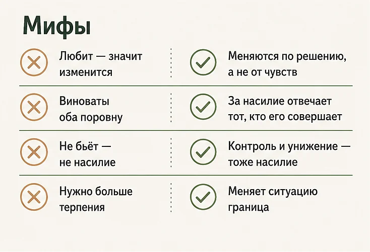 Мифы о токсичных отношениях: «любит — значит изменится», «виноваты оба поровну», «не бьёт — не насилие», «нужно больше терпения»