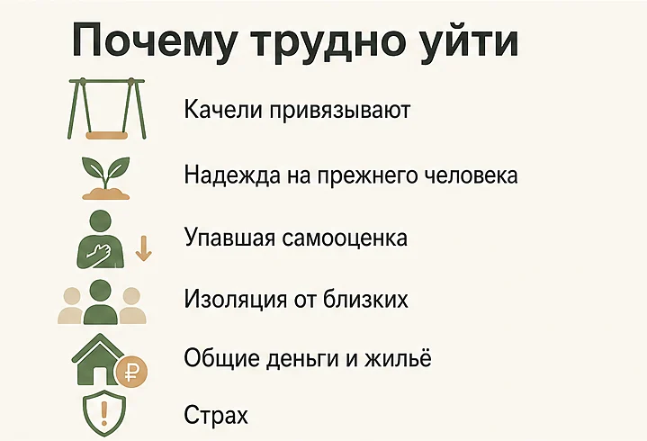 Почему трудно уйти из токсичных отношений: качели привязывают, надежда на прежнего человека, упавшая самооценка, изоляция, общие деньги и жильё, страх