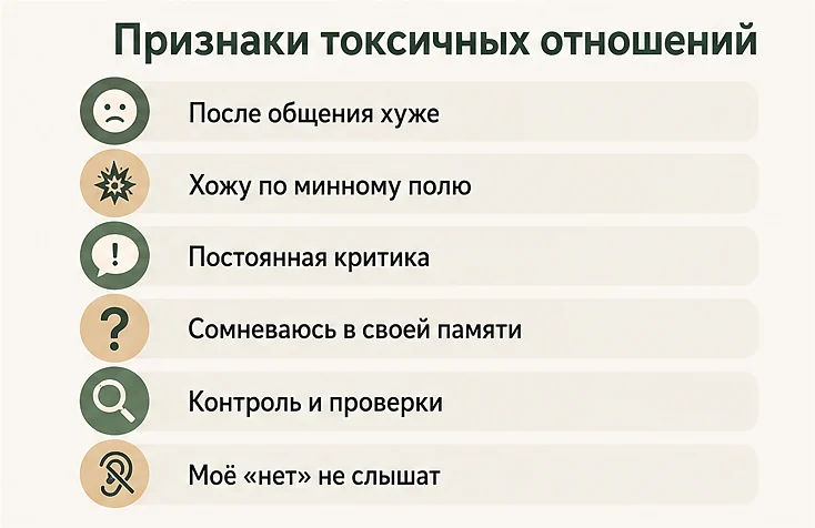 Признаки токсичных отношений: после общения хуже, хождение по минному полю, постоянная критика, сомнения в своей памяти, контроль и проверки