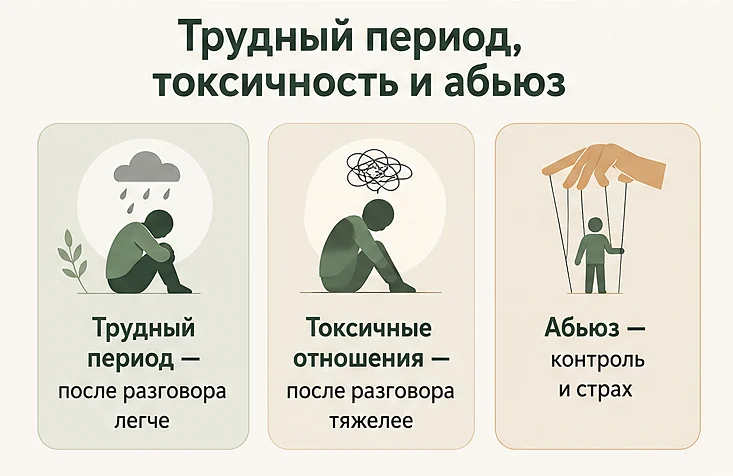 Чем токсичные отношения отличаются от трудного периода и абьюза: после разговора становится тяжелее, а при абьюзе появляются контроль и страх