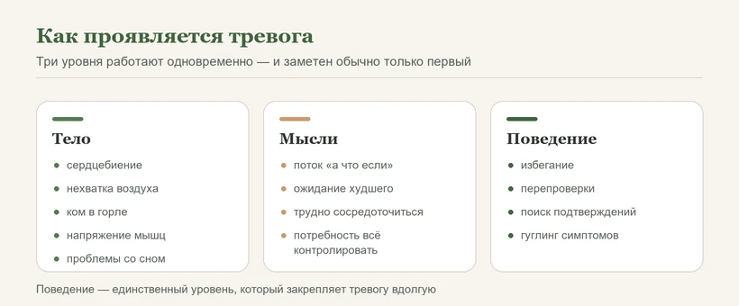 Как проявляется тревога: телесные симптомы, тревожные мысли и избегающее поведение