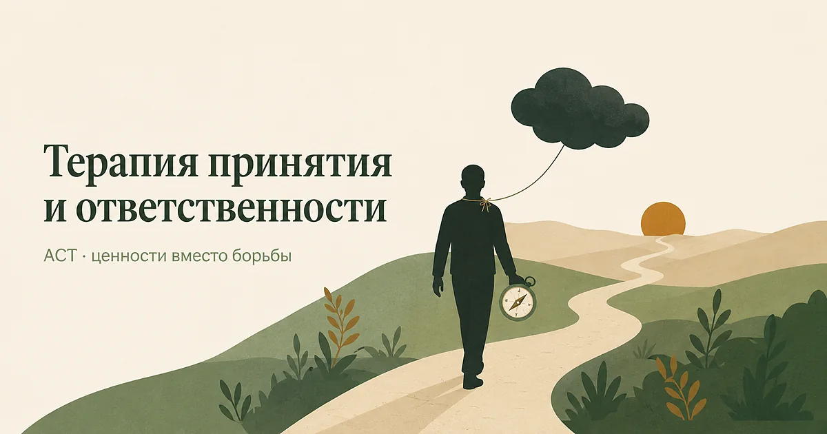 Терапия принятия и ответственности: человек идёт по тропе с компасом в руке, тяжёлое облако он несёт с собой, а не отгоняет
