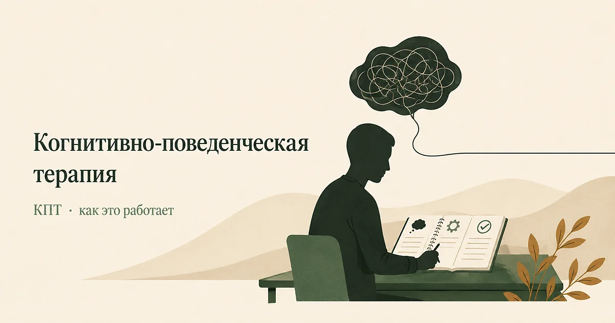 Когнитивно-поведенческая терапия: человек ведёт дневник мыслей, запутанный клубок мыслей над головой распрямляется в ровную линию