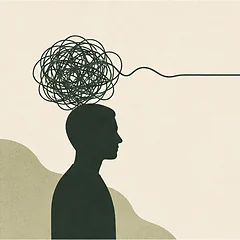 КПТ: фигура в профиль, над головой запутанный клубок мыслей, из которого выходит ровная линия