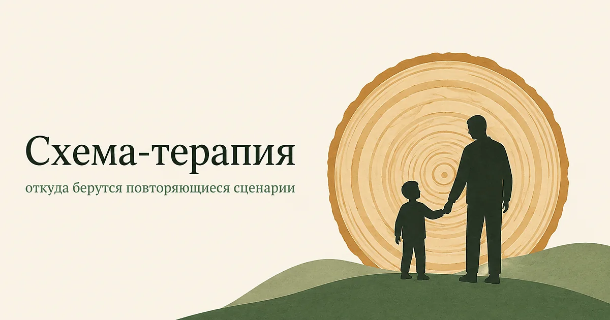 Схема-терапия: взрослый держит за руку ребёнка на фоне среза ствола с годовыми кольцами — слоями прожитого опыта