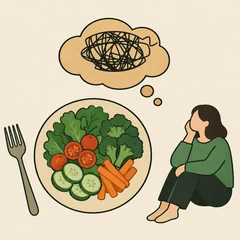Тест на РПП: тарелка с овощами, сидящая девушка и облако мыслей со спутанным клубком